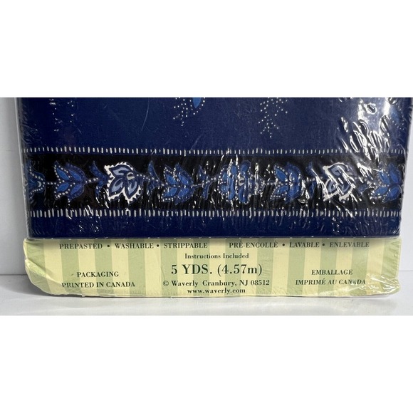 Waverly Decorative Wide Border Wallpaper 5 Yds Prepasted Floral Blue White Bold - Picture 2 of 5